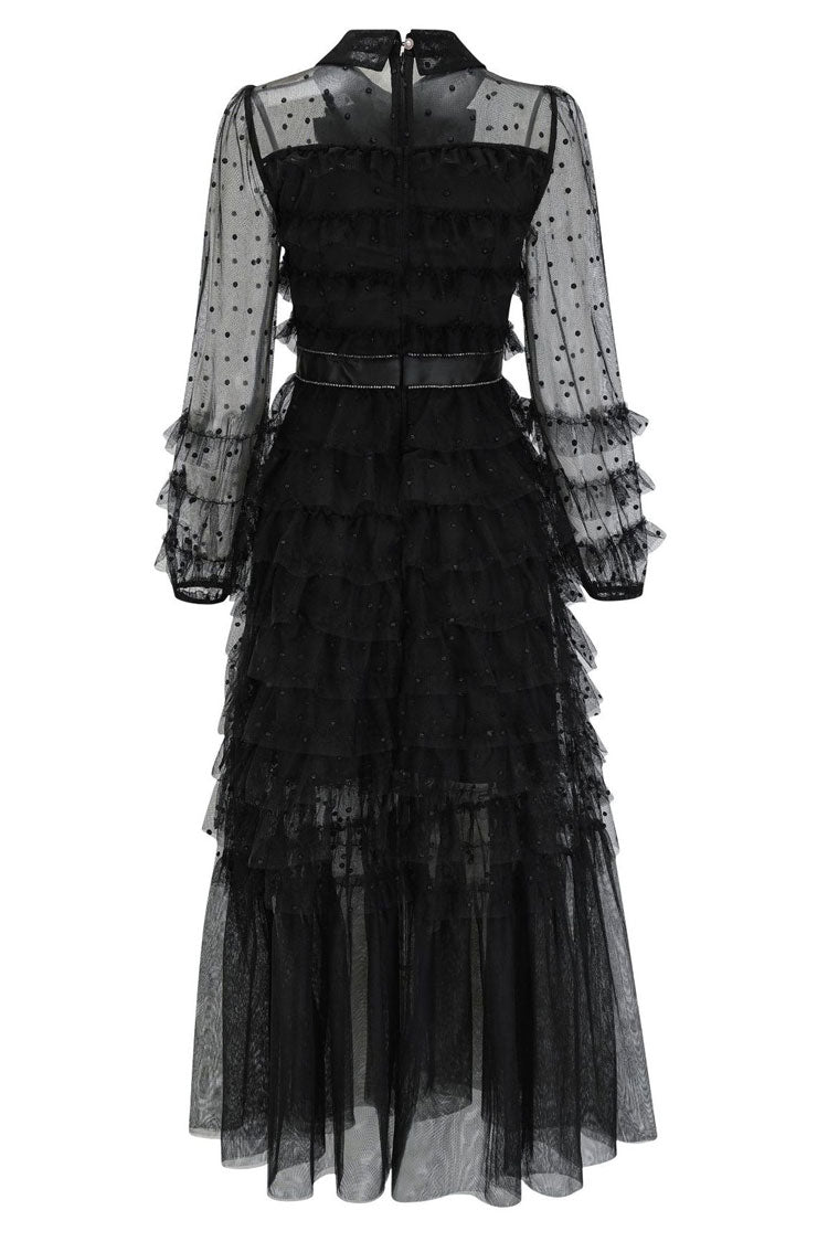 Bow Tie Neck Long Sleeve Glitter Dot Tulle Tiered Ruffle Maxi Dress