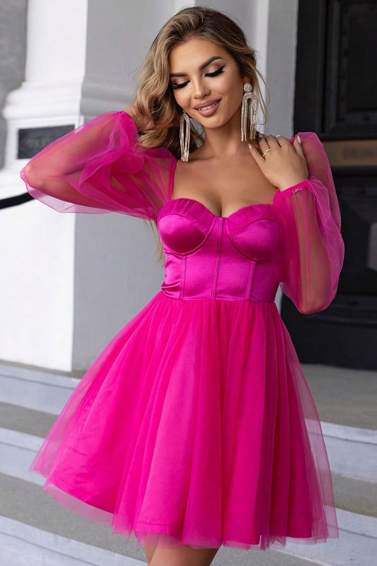 Elegant Bustier Puff Sleeve Satin Panel Tulle Skater Party Mini Dress