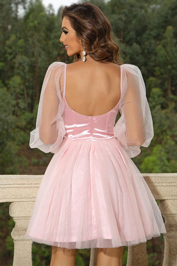 Elegant Bustier Puff Sleeve Satin Panel Tulle Skater Party Mini Dress