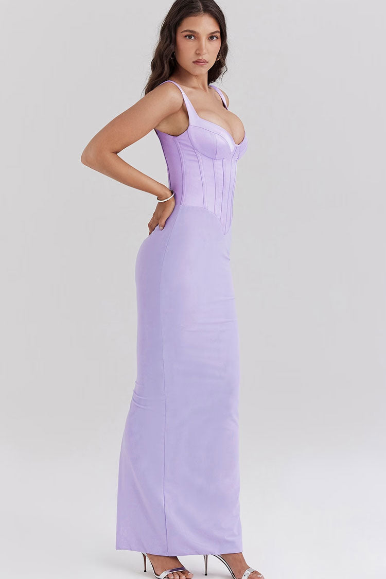 Elegant Bustier Sleeveless Satin Spliced Mesh Bodycon Evening Maxi Dress