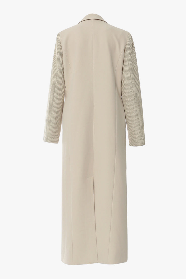 Elegant Collared Paneled Knit Shoulder Pad Double Breasted Long Blazer Coat