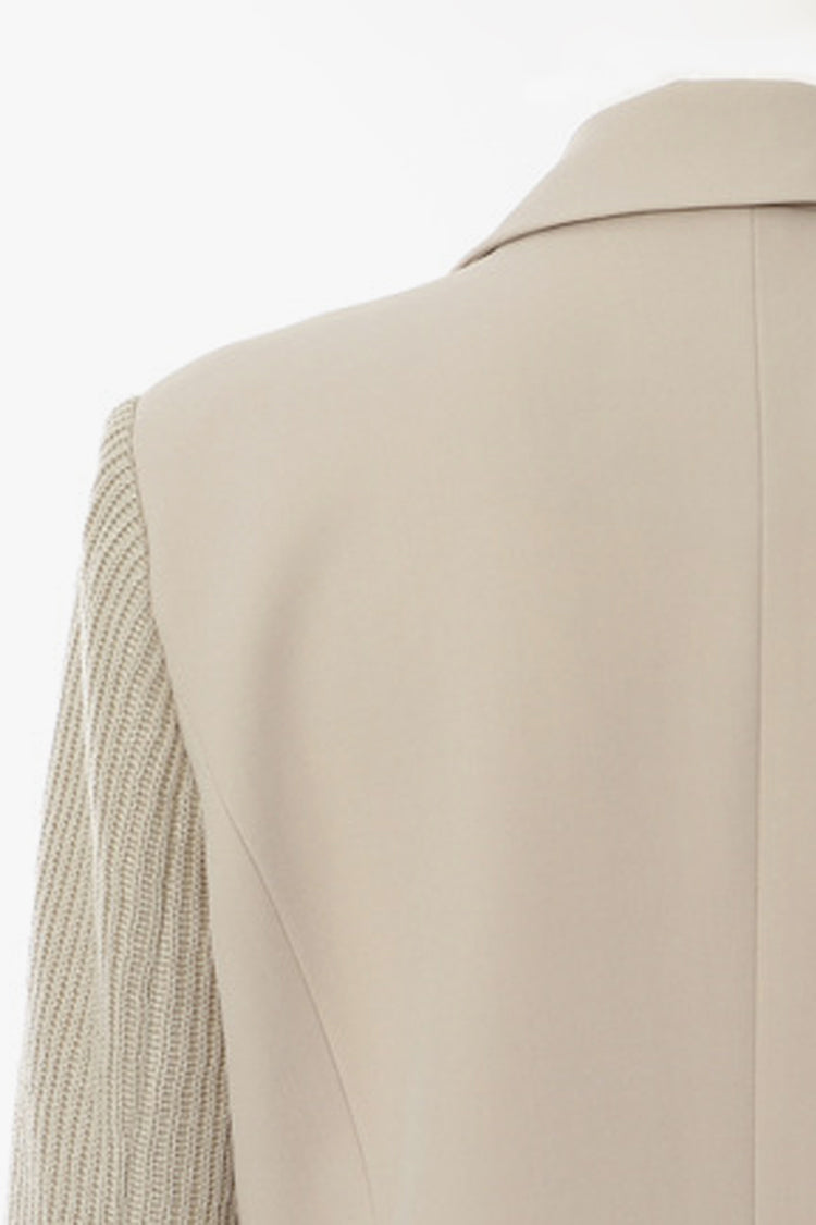 Elegant Collared Paneled Knit Shoulder Pad Double Breasted Long Blazer Coat