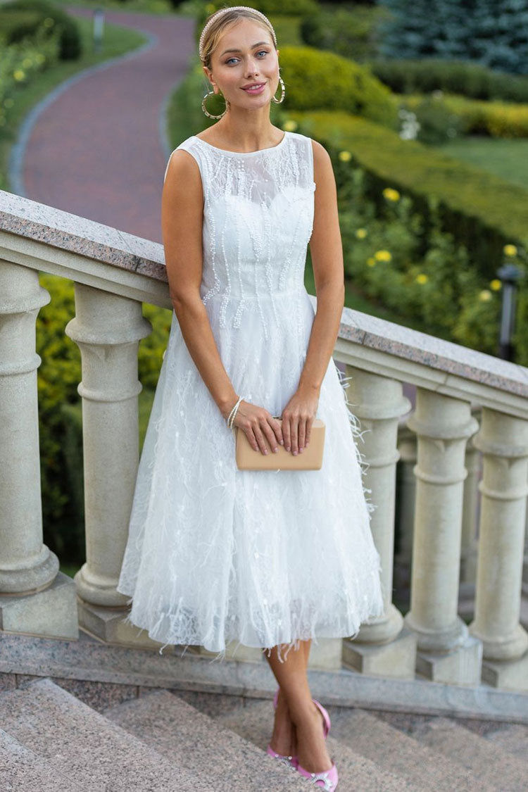 Beaded Crew Neck Sleeveless Feather Hem Fit and Flare Midi Dress