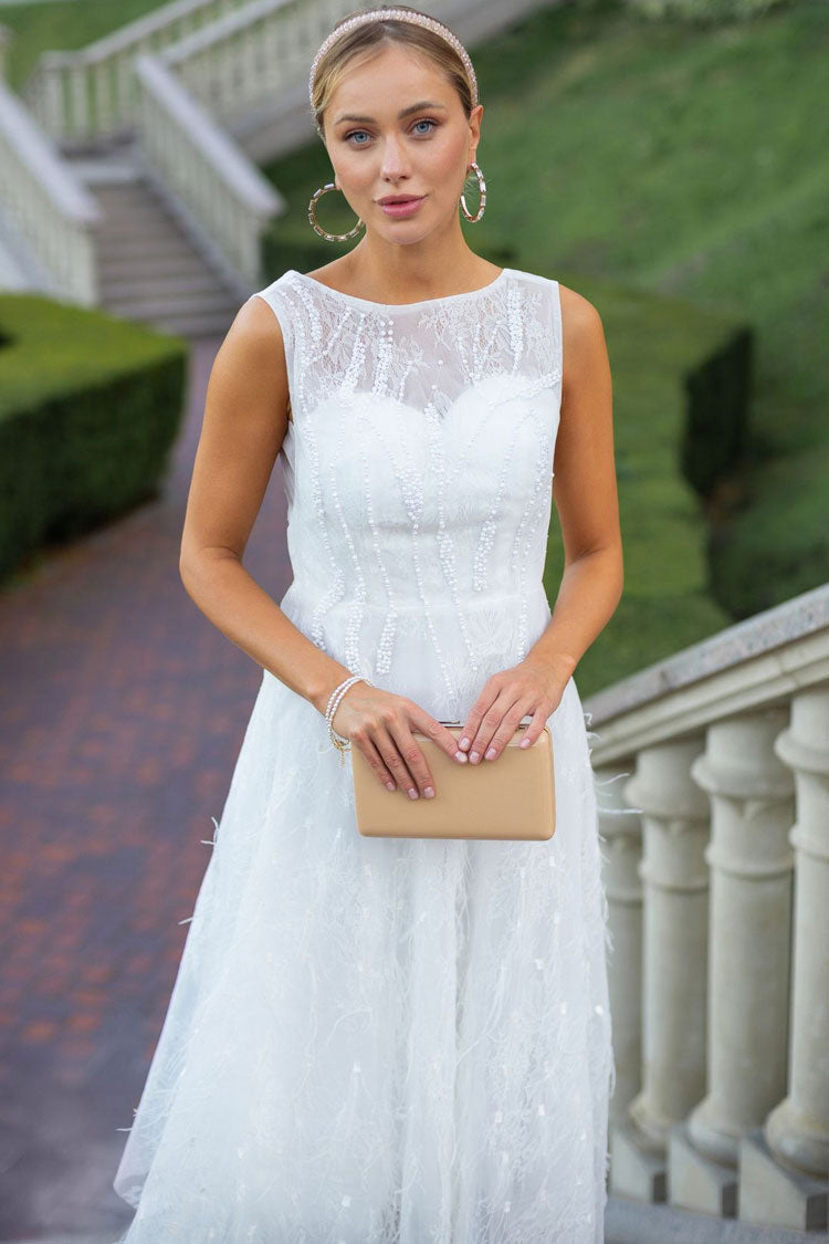 Beaded Crew Neck Sleeveless Feather Hem Fit and Flare Midi Dress