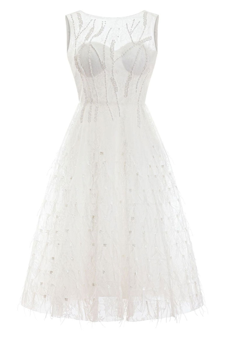 Beaded Crew Neck Sleeveless Feather Hem Fit and Flare Midi Dress