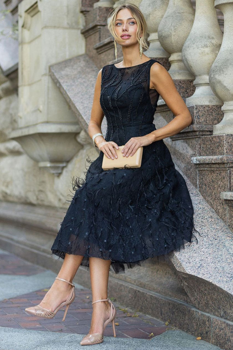 Beaded Crew Neck Sleeveless Feather Hem Fit and Flare Midi Dress
