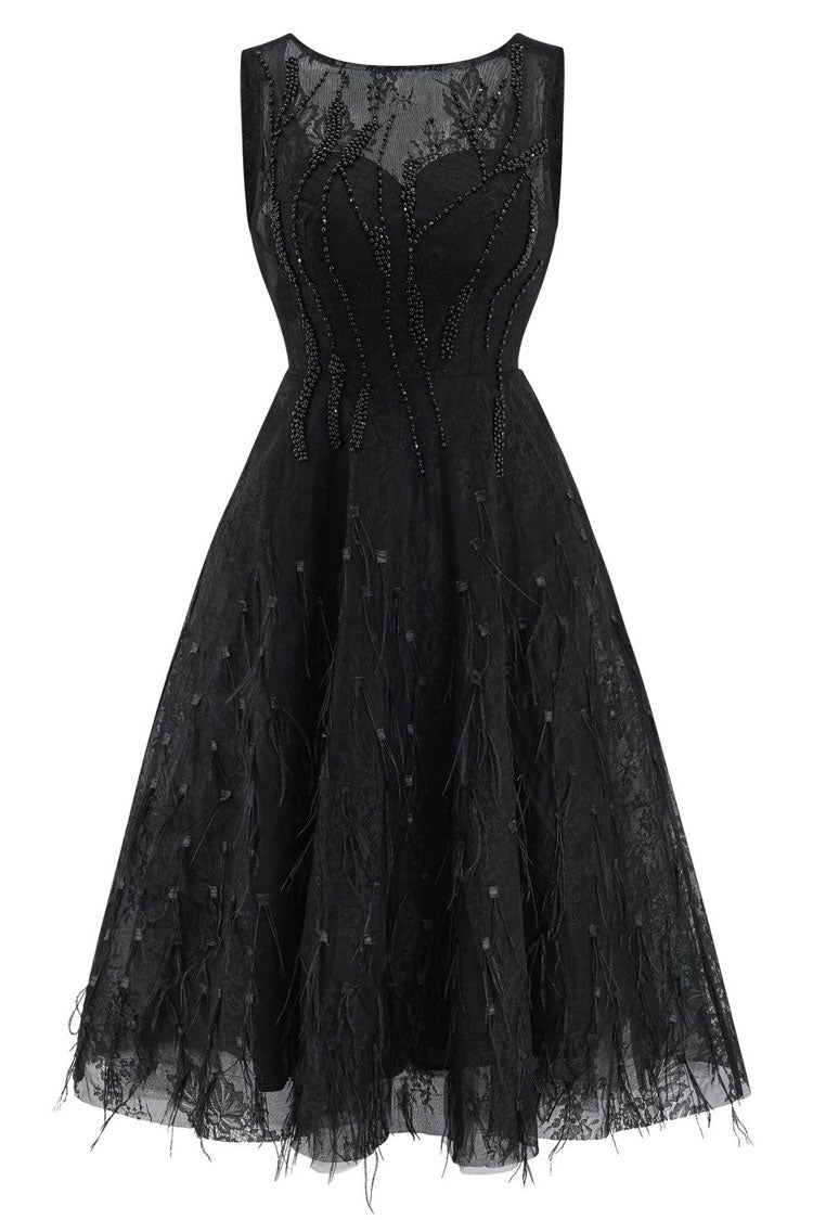 Beaded Crew Neck Sleeveless Feather Hem Fit and Flare Midi Dress