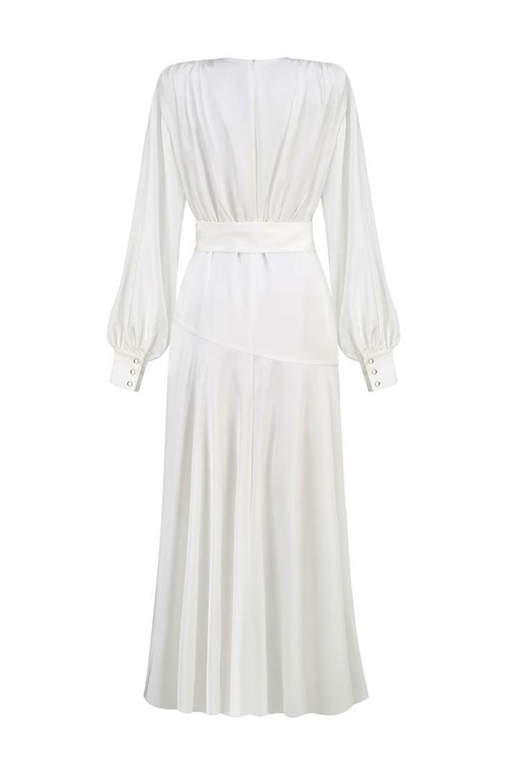 Elegant Deep V Bishop Sleeve High Split Evening Maxi Dress - White 4