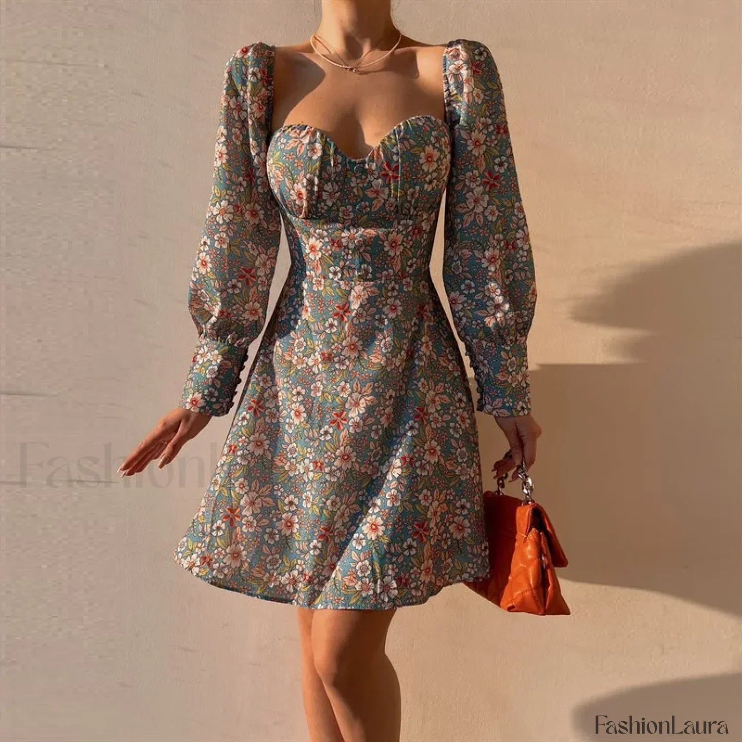 Elegant Dot Floral Prints Spring/Summer Women's Low Cut Square Neck Full Lantern Sleeve Mini Dress