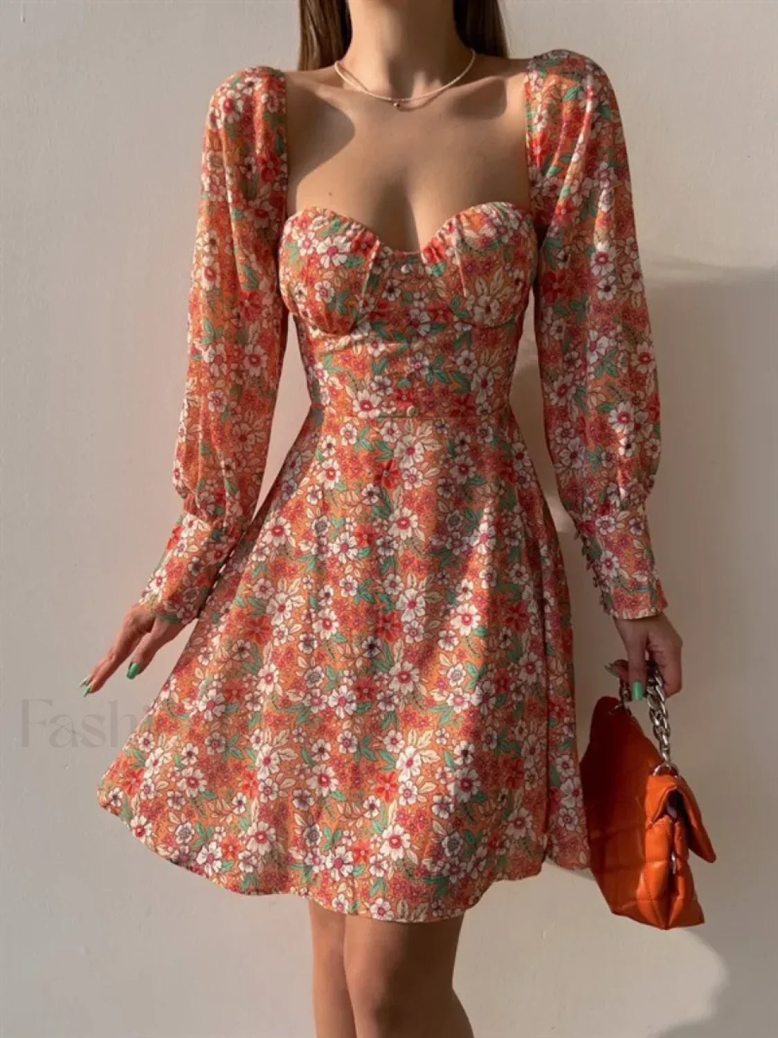 Elegant Dot Floral Prints Spring/Summer Women's Low Cut Square Neck Full Lantern Sleeve Mini Dress