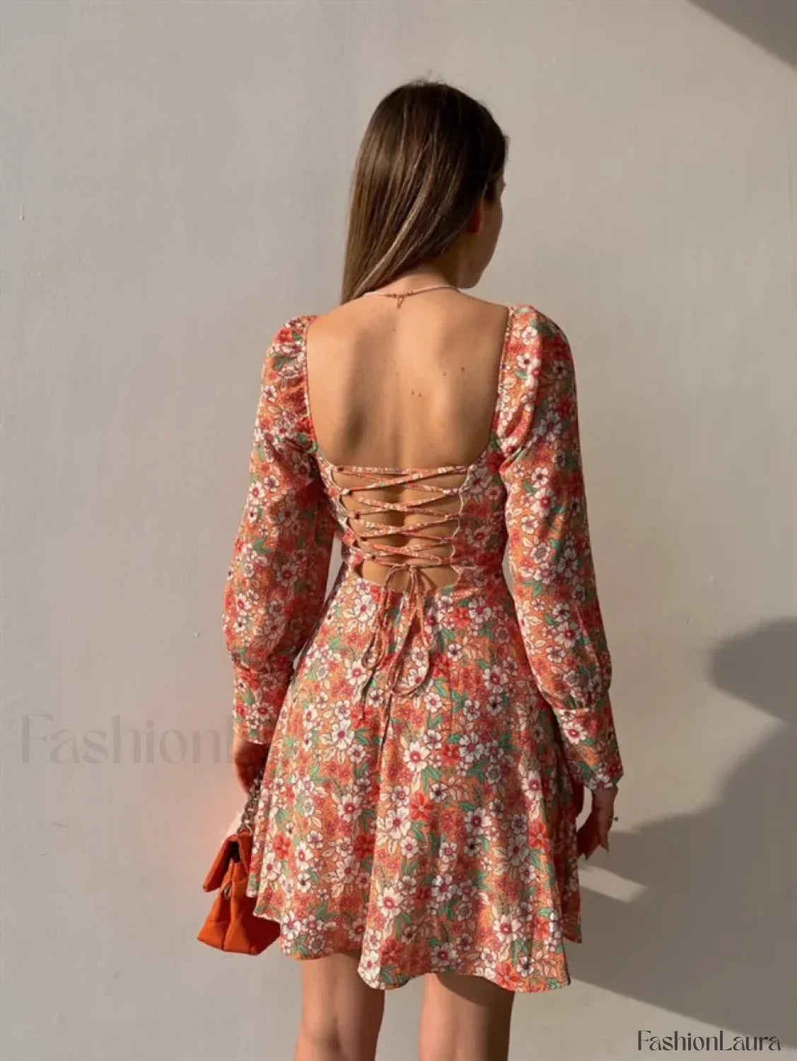 Elegant Dot Floral Prints Spring/Summer Women's Low Cut Square Neck Full Lantern Sleeve Mini Dress