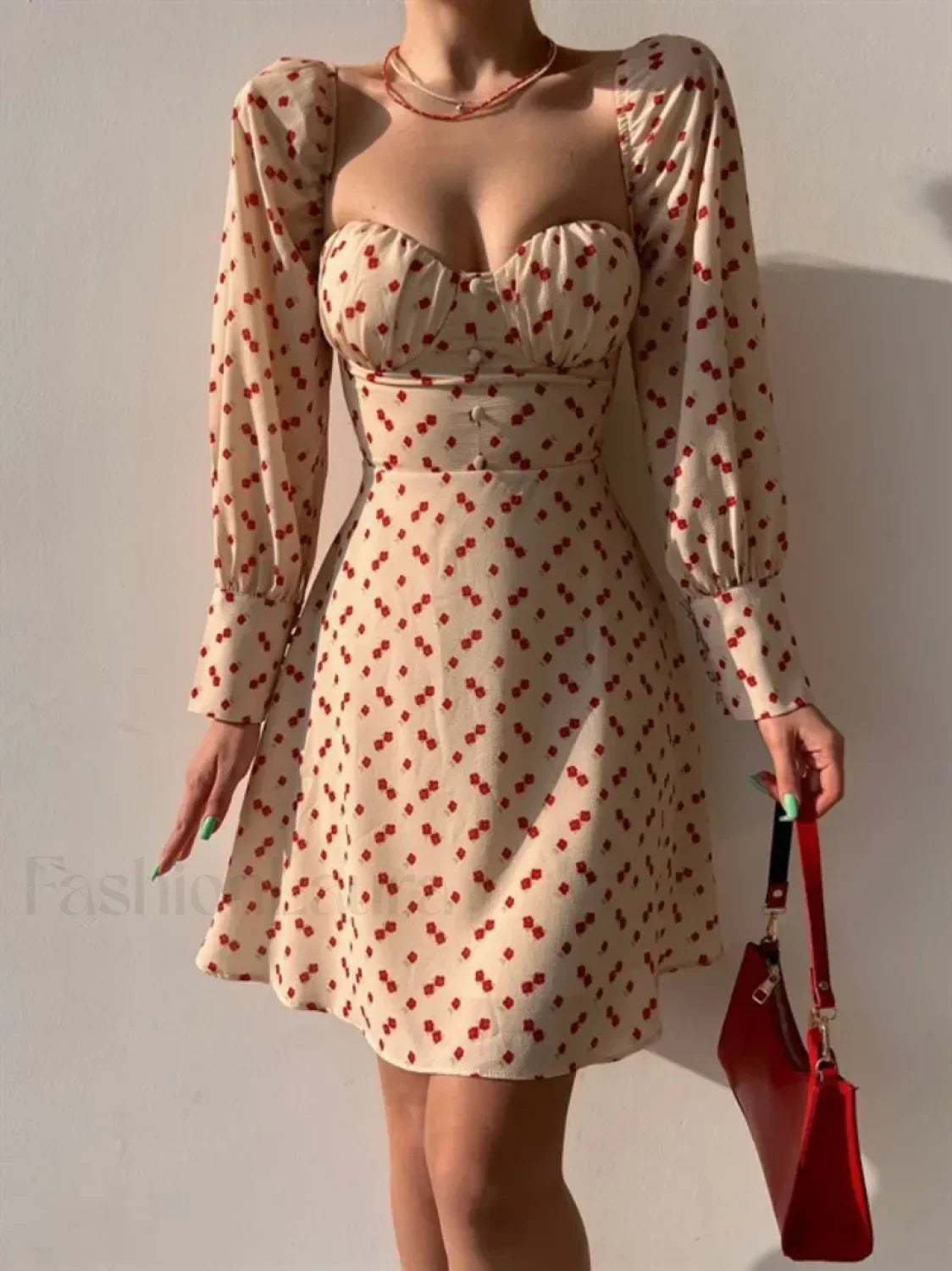 Elegant Dot Floral Prints Spring/Summer Women's Low Cut Square Neck Full Lantern Sleeve Mini Dress