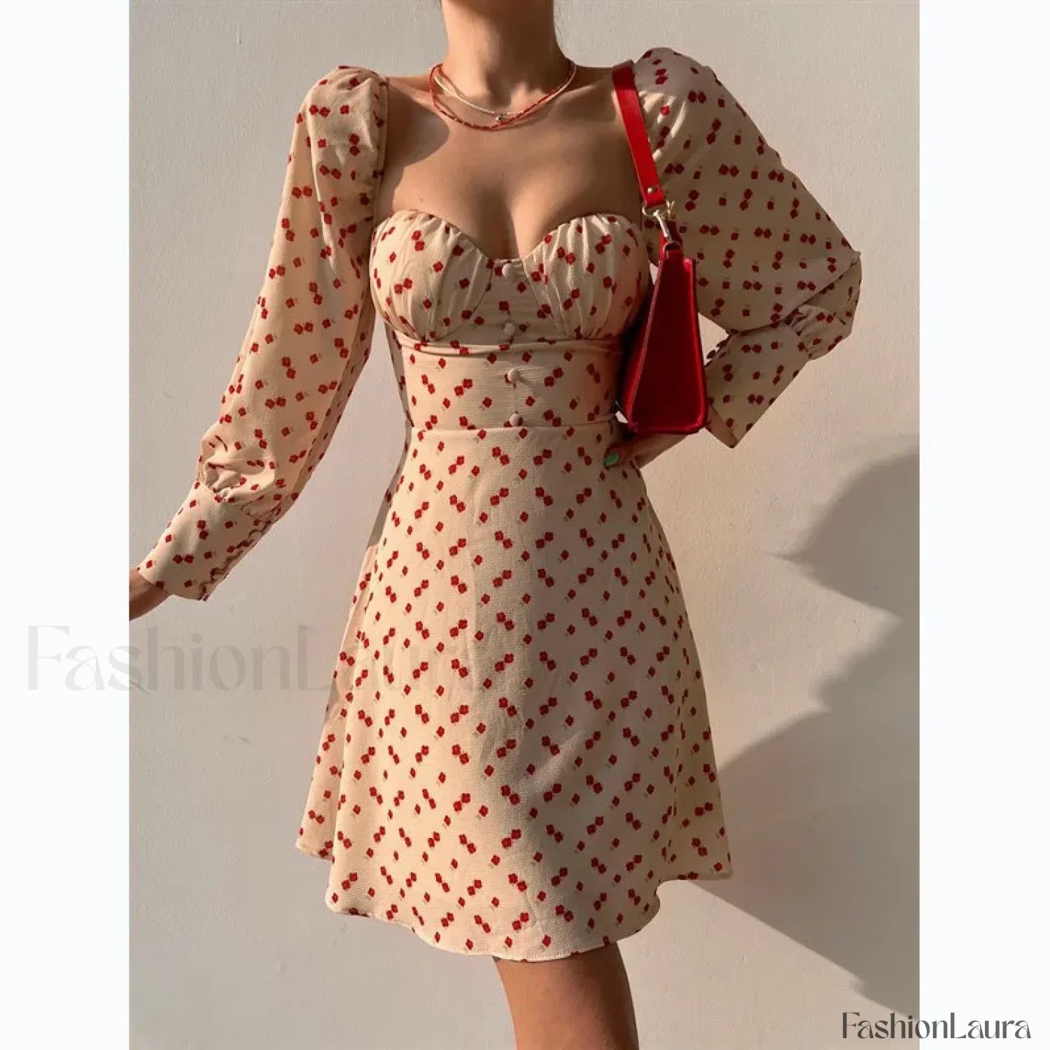 Elegant Dot Floral Prints Spring/Summer Women's Low Cut Square Neck Full Lantern Sleeve Mini Dress