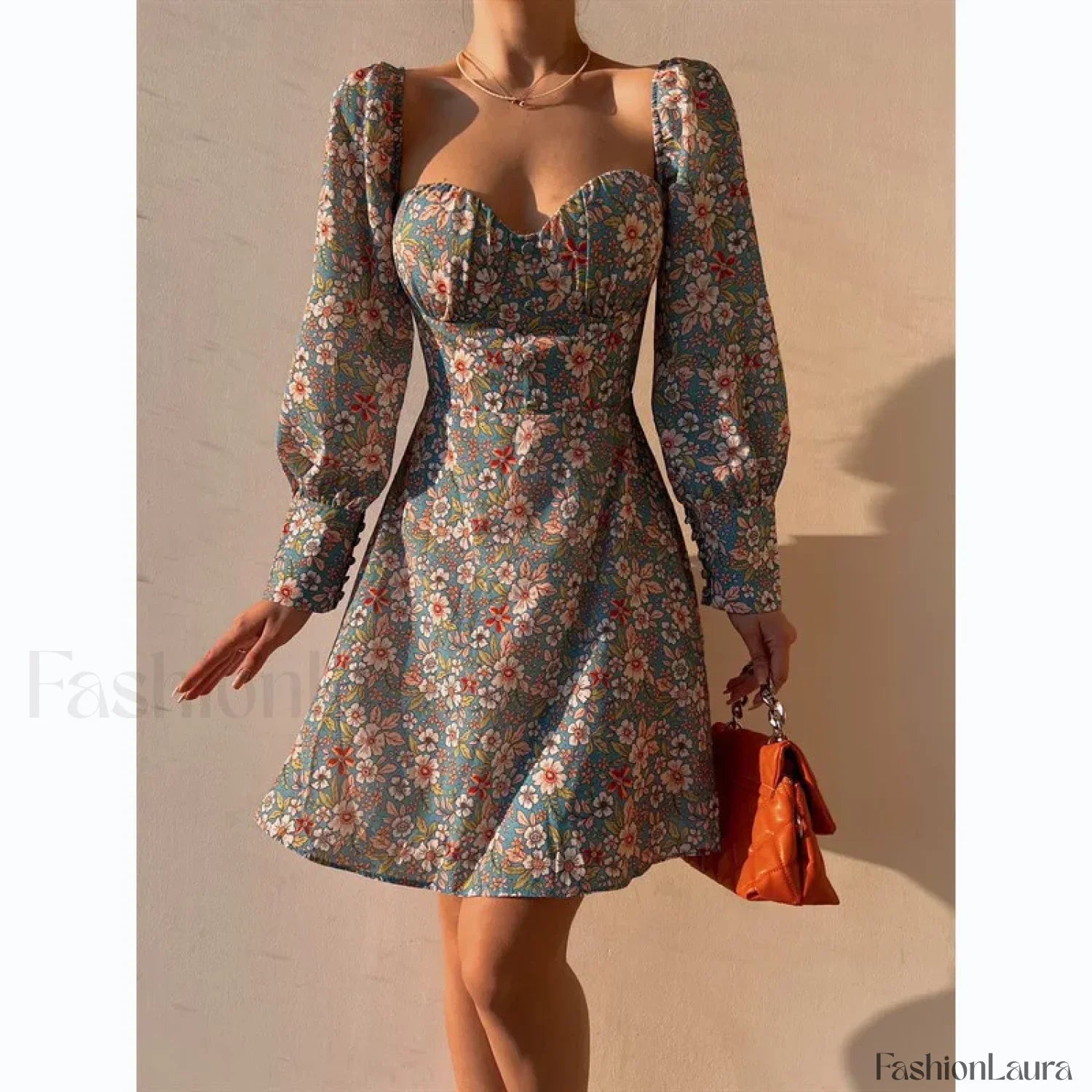 Elegant Dot Floral Prints Spring/Summer Women's Low Cut Square Neck Full Lantern Sleeve Mini Dress