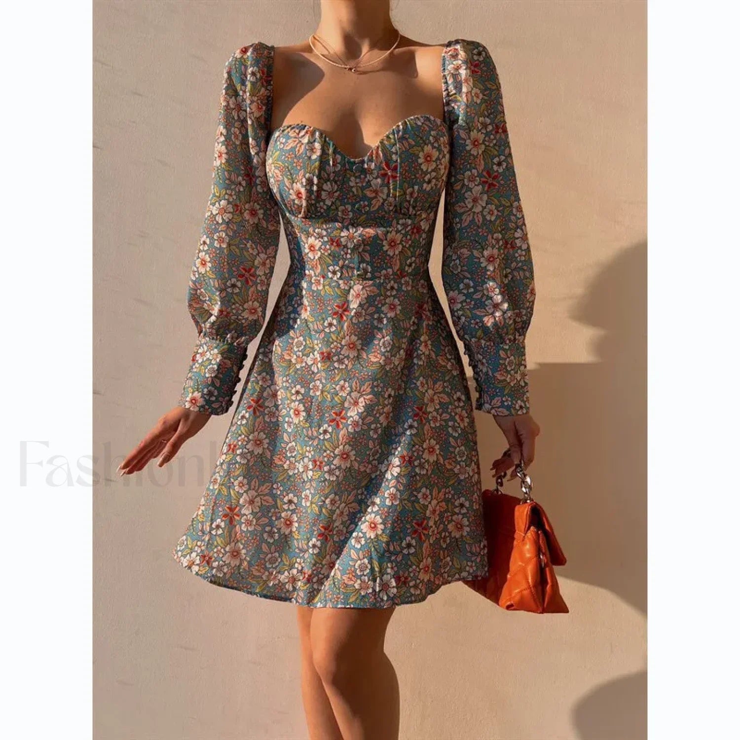 Elegant Dot Floral Prints Spring/Summer Women's Low Cut Square Neck Full Lantern Sleeve Mini Dress