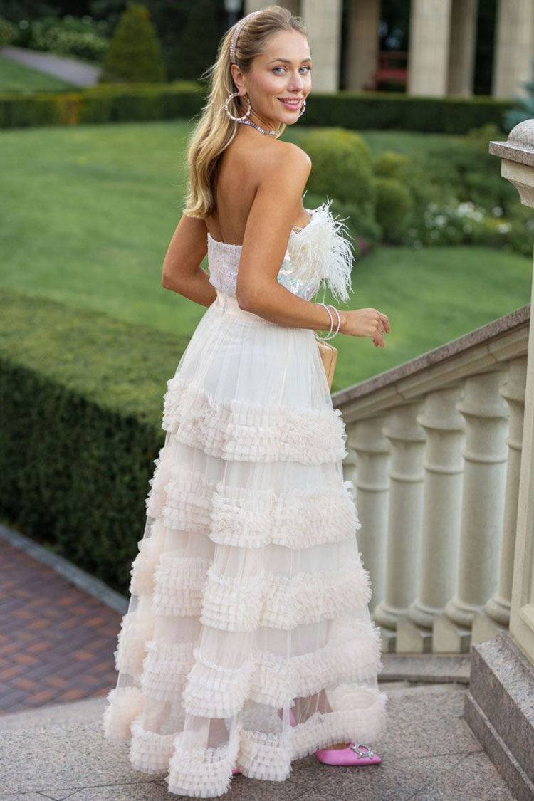 Sequin Feather Trim Strapless Tiered Ruffle Tulle Maxi Dress