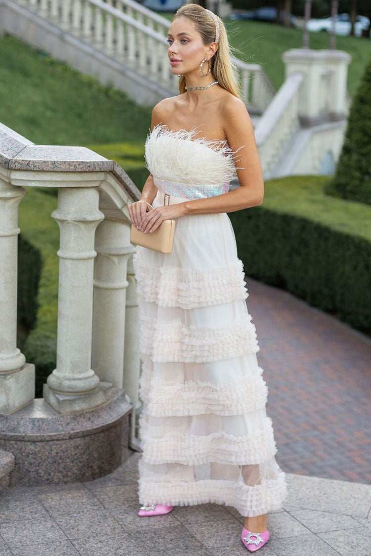 Sequin Feather Trim Strapless Tiered Ruffle Tulle Maxi Dress