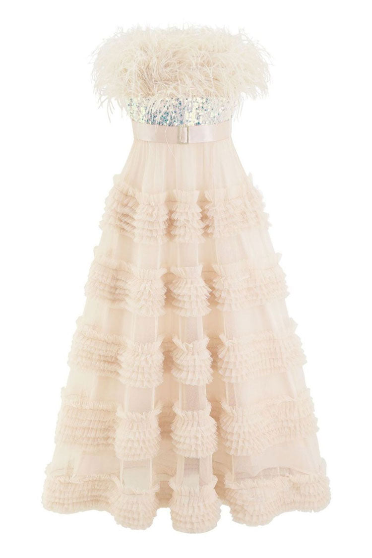 Sequin Feather Trim Strapless Tiered Ruffle Tulle Maxi Dress