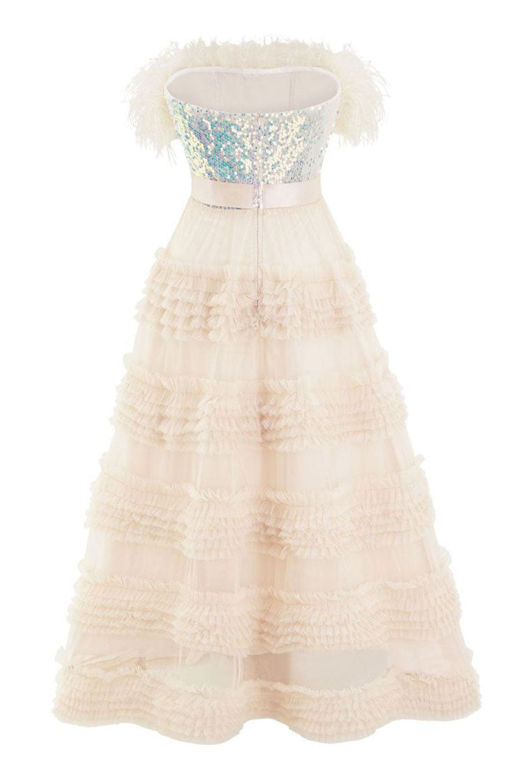 Sequin Feather Trim Strapless Tiered Ruffle Tulle Maxi Dress