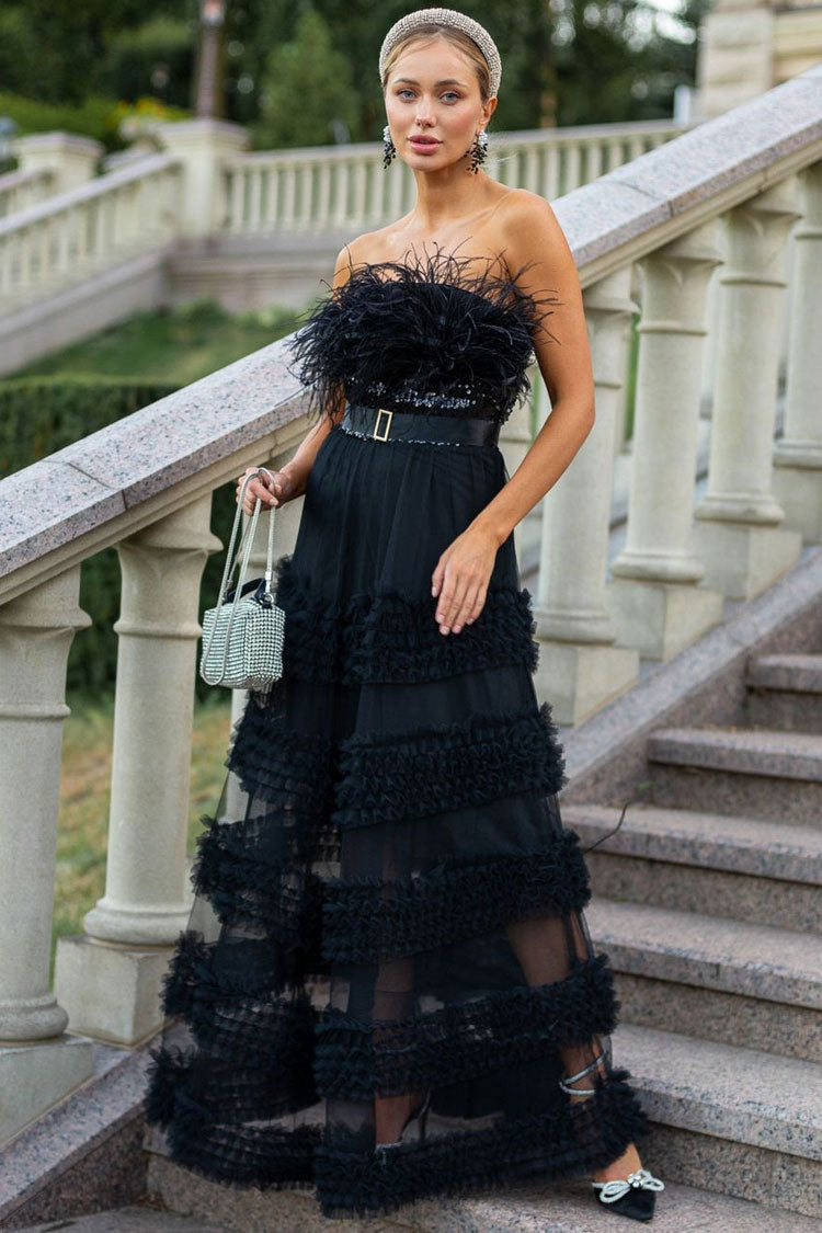 Sequin Feather Trim Strapless Tiered Ruffle Tulle Maxi Dress