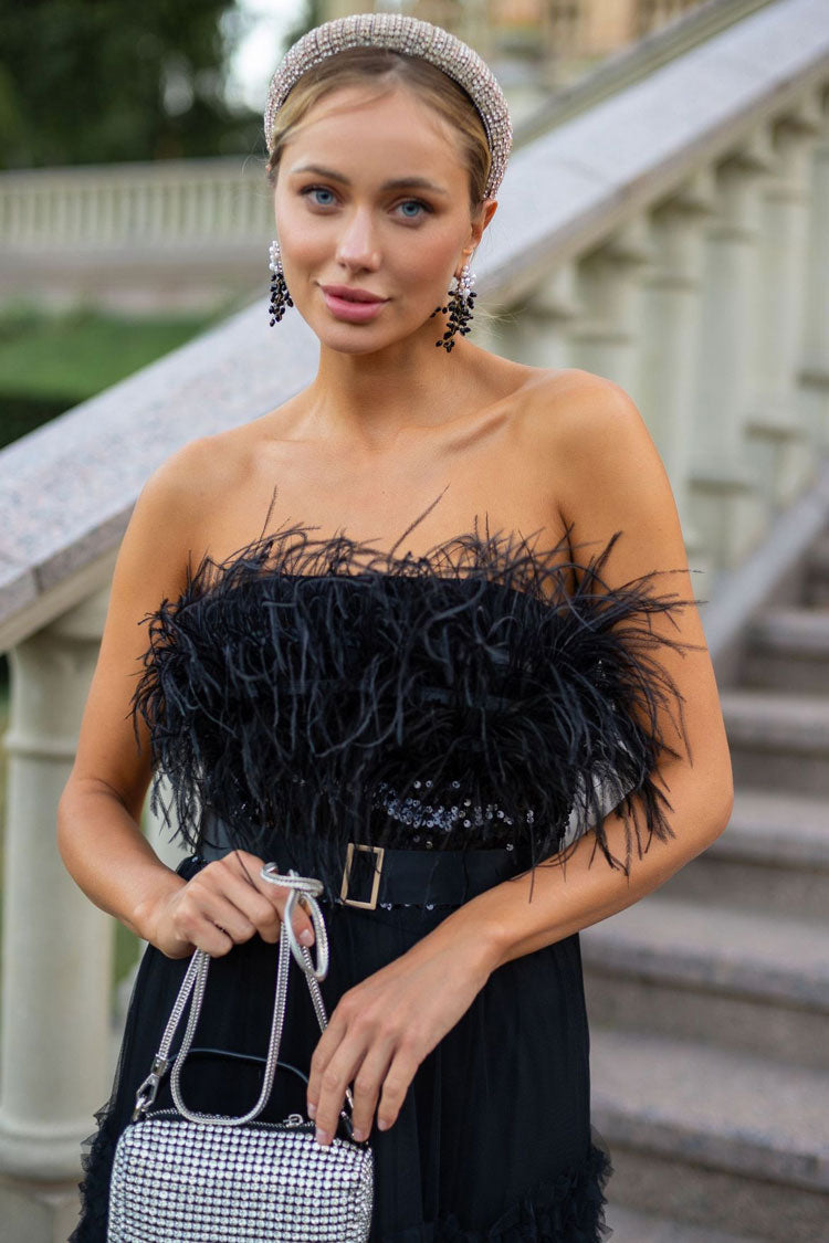 Sequin Feather Trim Strapless Tiered Ruffle Tulle Maxi Dress