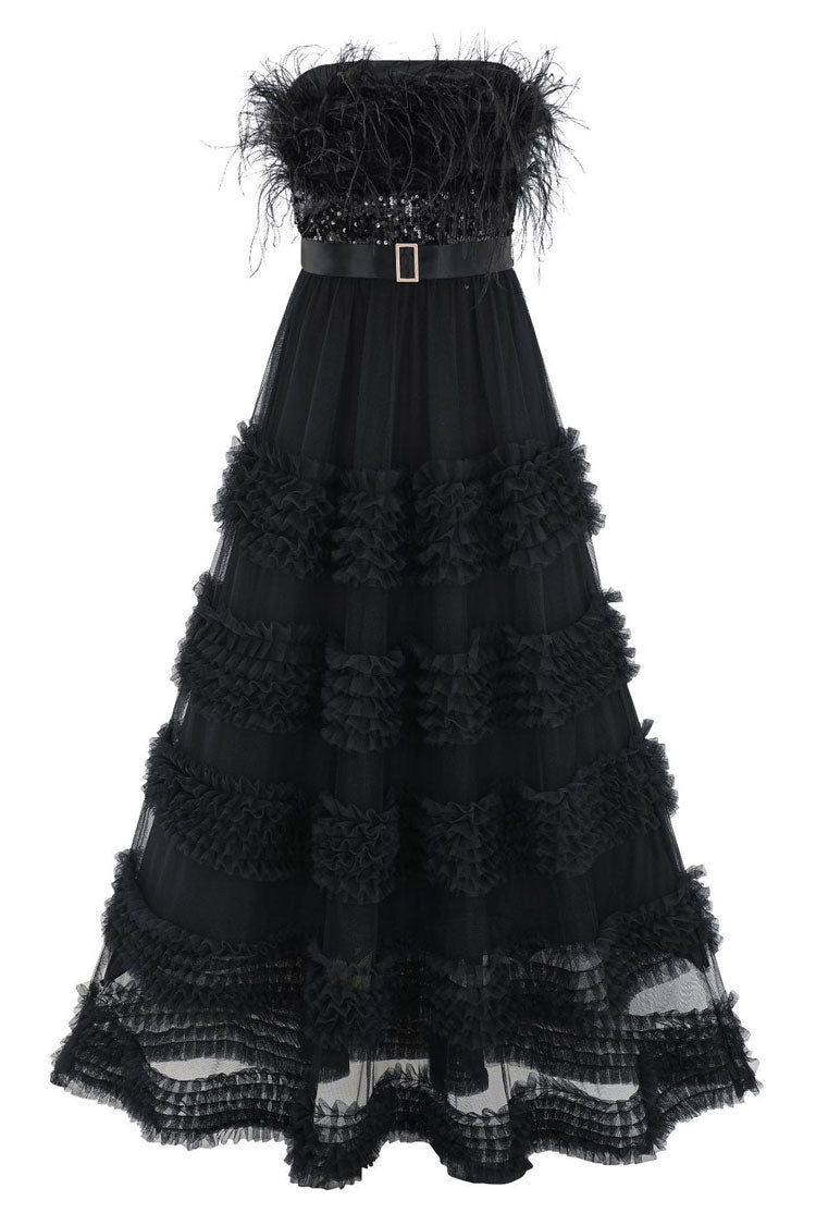 Sequin Feather Trim Strapless Tiered Ruffle Tulle Maxi Dress