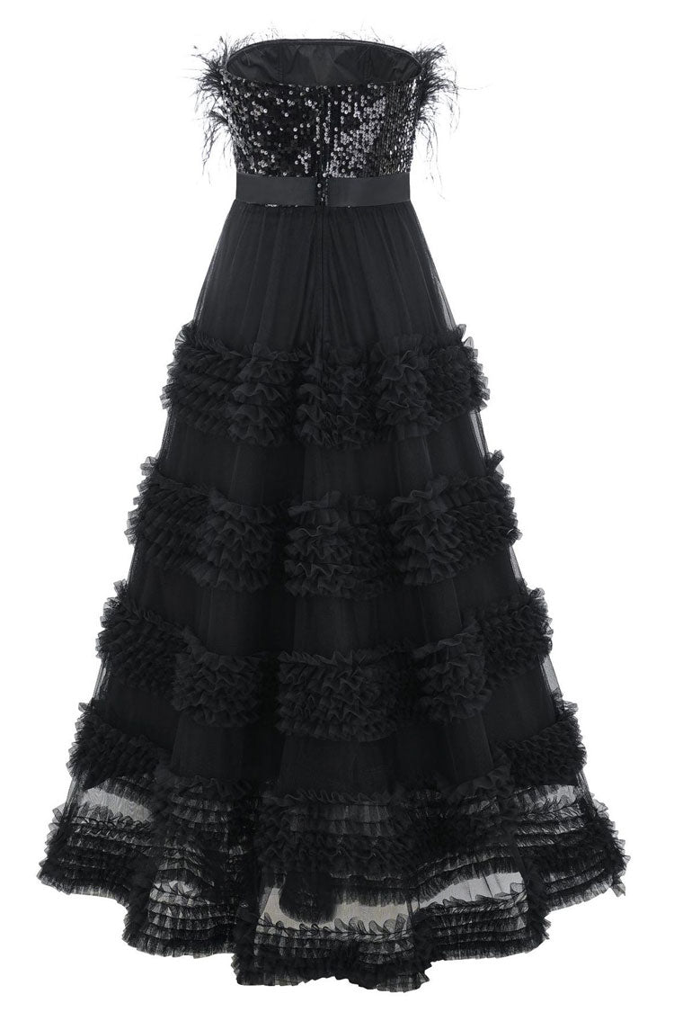 Sequin Feather Trim Strapless Tiered Ruffle Tulle Maxi Dress