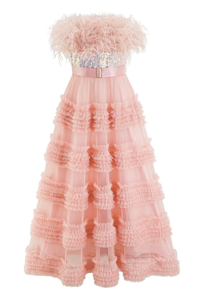 Sequin Feather Trim Strapless Tiered Ruffle Tulle Maxi Dress