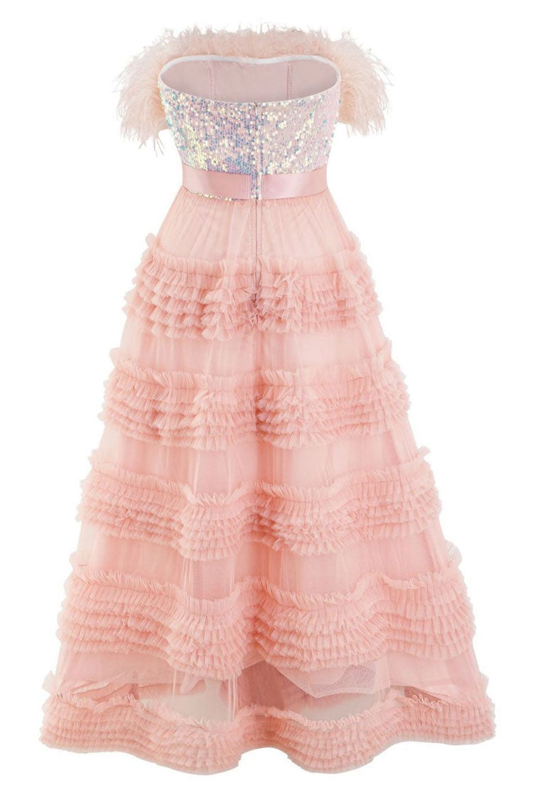 Sequin Feather Trim Strapless Tiered Ruffle Tulle Maxi Dress