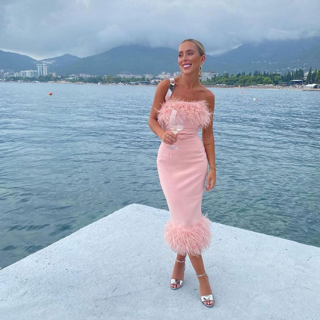 Feather Strapless Slit Bodycon Midi Dress