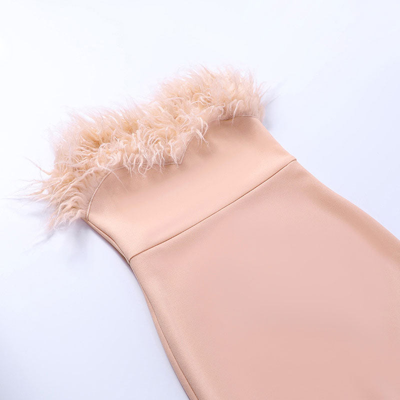 Feather Strapless Slit Bodycon Midi Dress