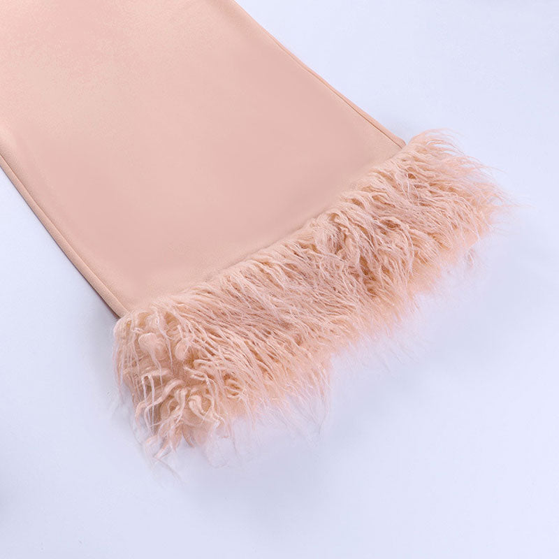 Feather Strapless Slit Bodycon Midi Dress