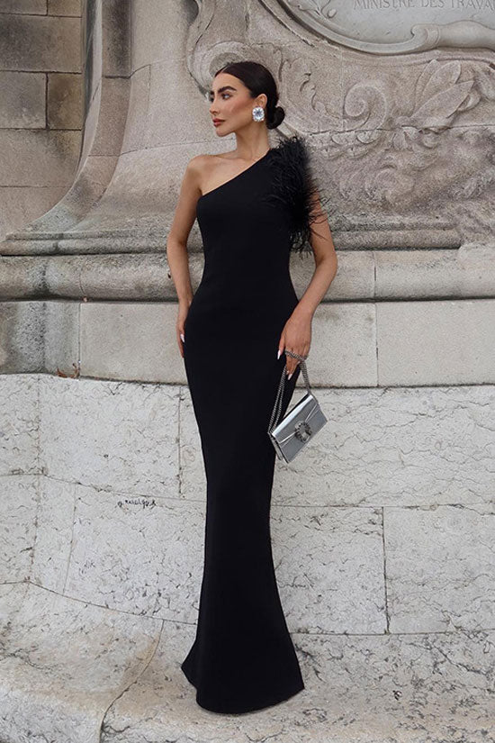 Feather Trim One Shoulder Back Split Maxi Formal Gown