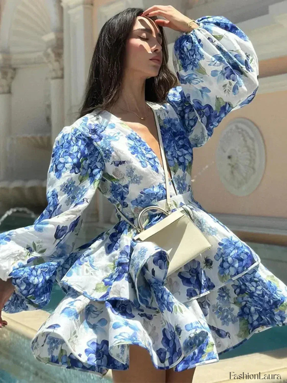 Elegant Floral Print Mini Dress Puff Sleeved Beach Floral Dress