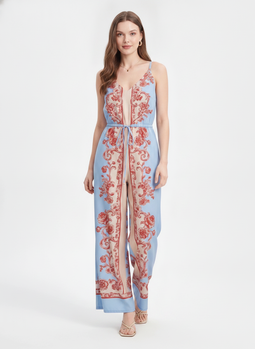 Elegant Floral Print Wide-Leg Jumpsuit with Adjustable Straps