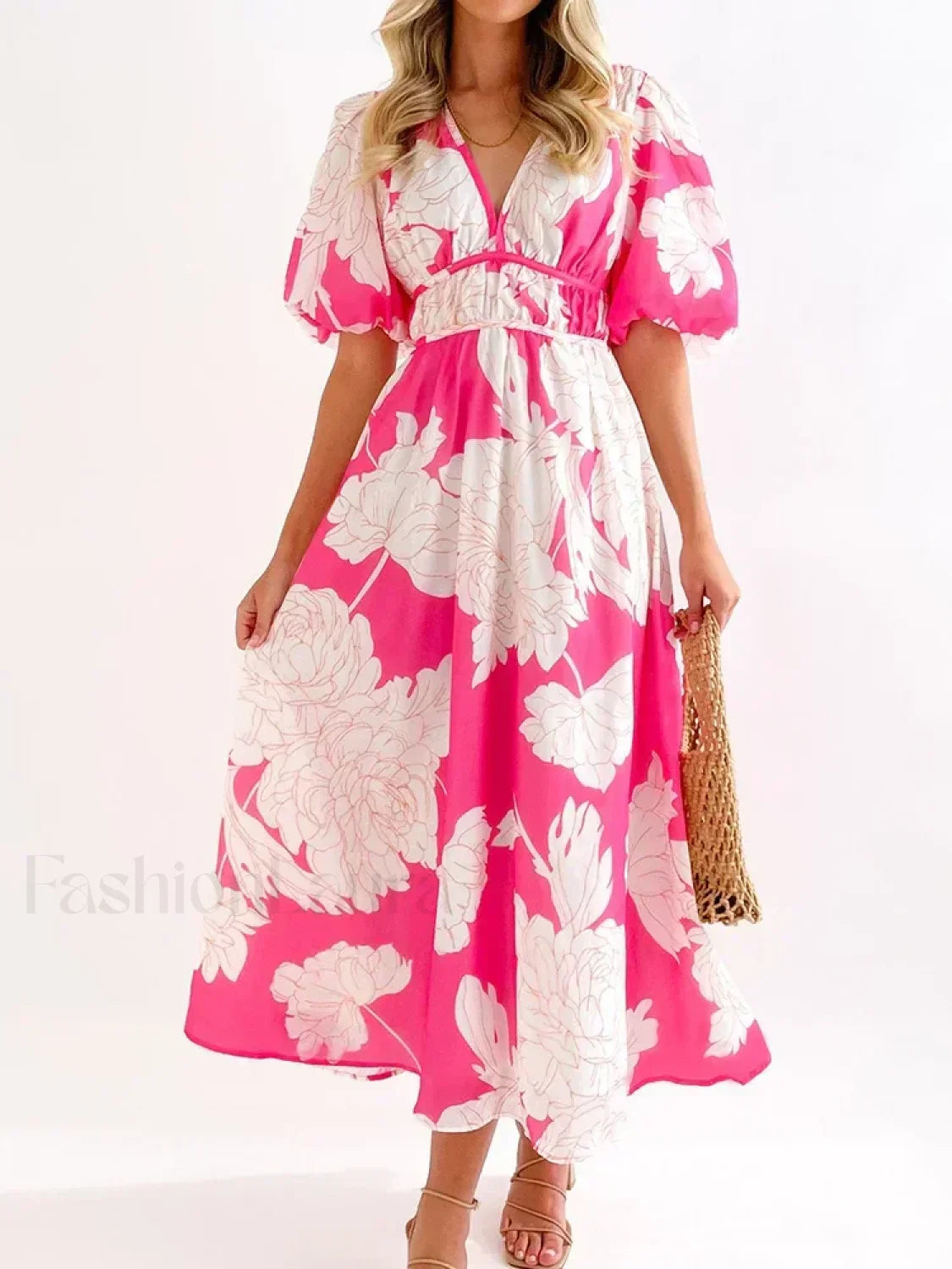 Elegant Floral Printed Women V Neck Elastic High Waist Retro Summer Fashion Maxi Dress