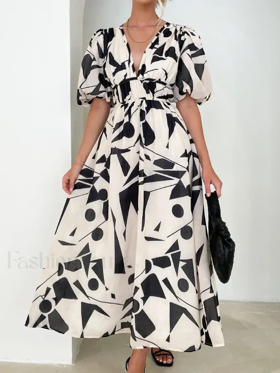 Elegant Floral Printed Women V Neck Elastic High Waist Retro Summer Fashion Maxi Dress White / S