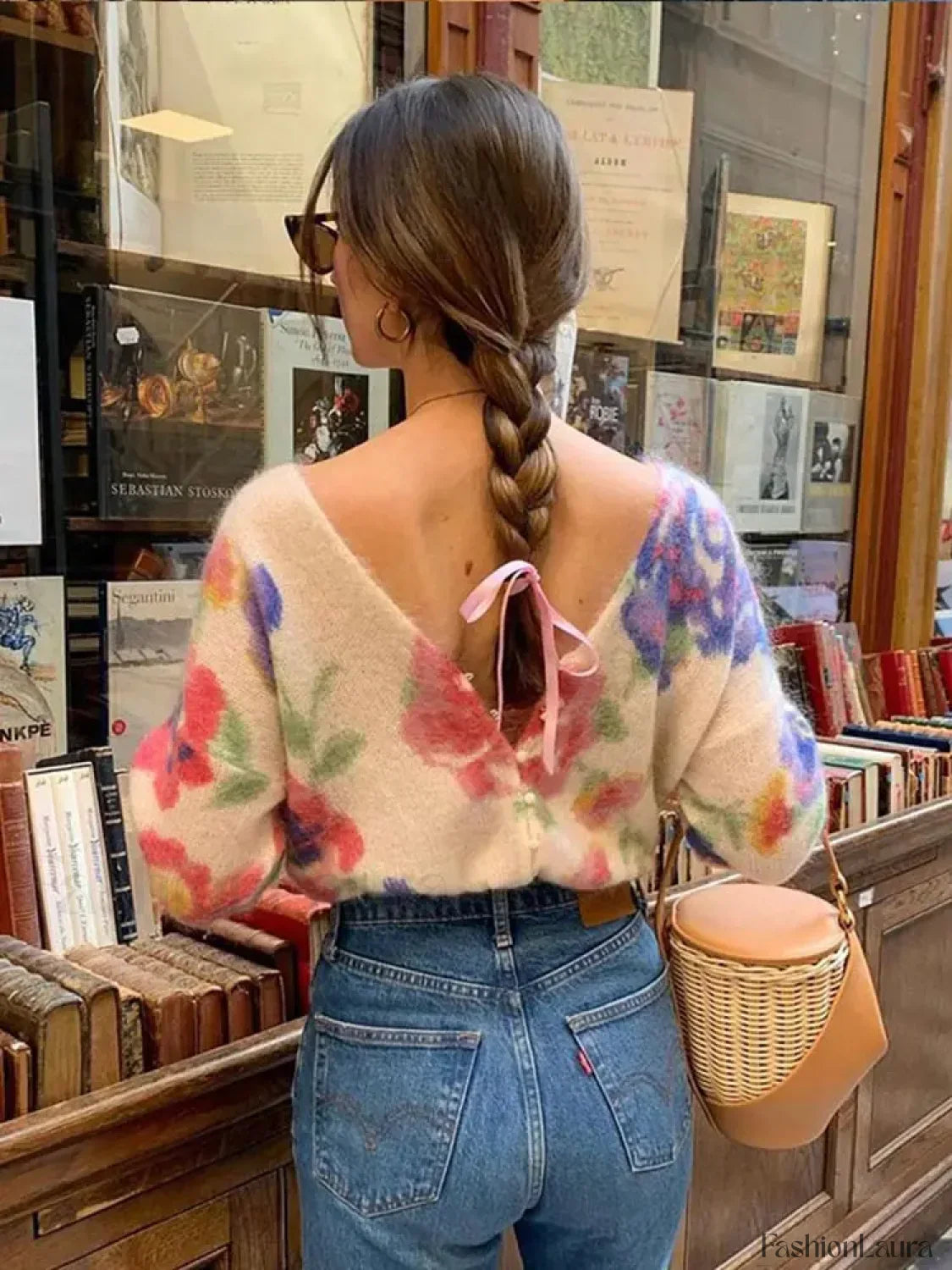 Elegant Flower Print Backless Knitted Women Fashion V Neck Long Sleeve Sweater