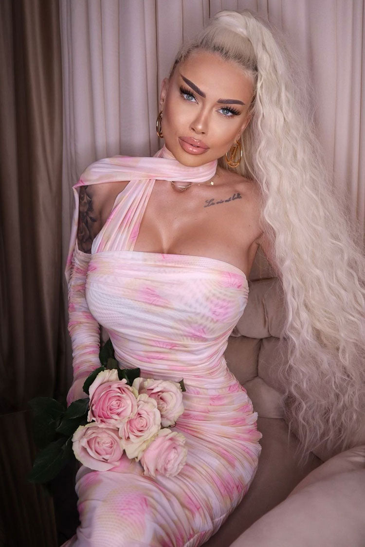 Floral Halter Neck Ruched Mesh Bodycon Maxi Dress