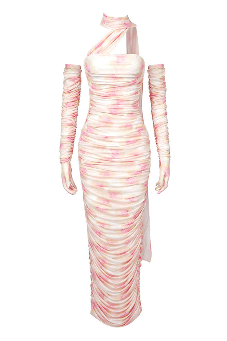 Floral Halter Neck Ruched Mesh Bodycon Maxi Dress