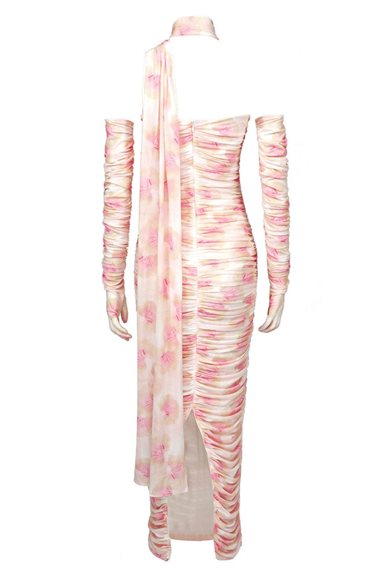 Floral Halter Neck Ruched Mesh Bodycon Maxi Dress