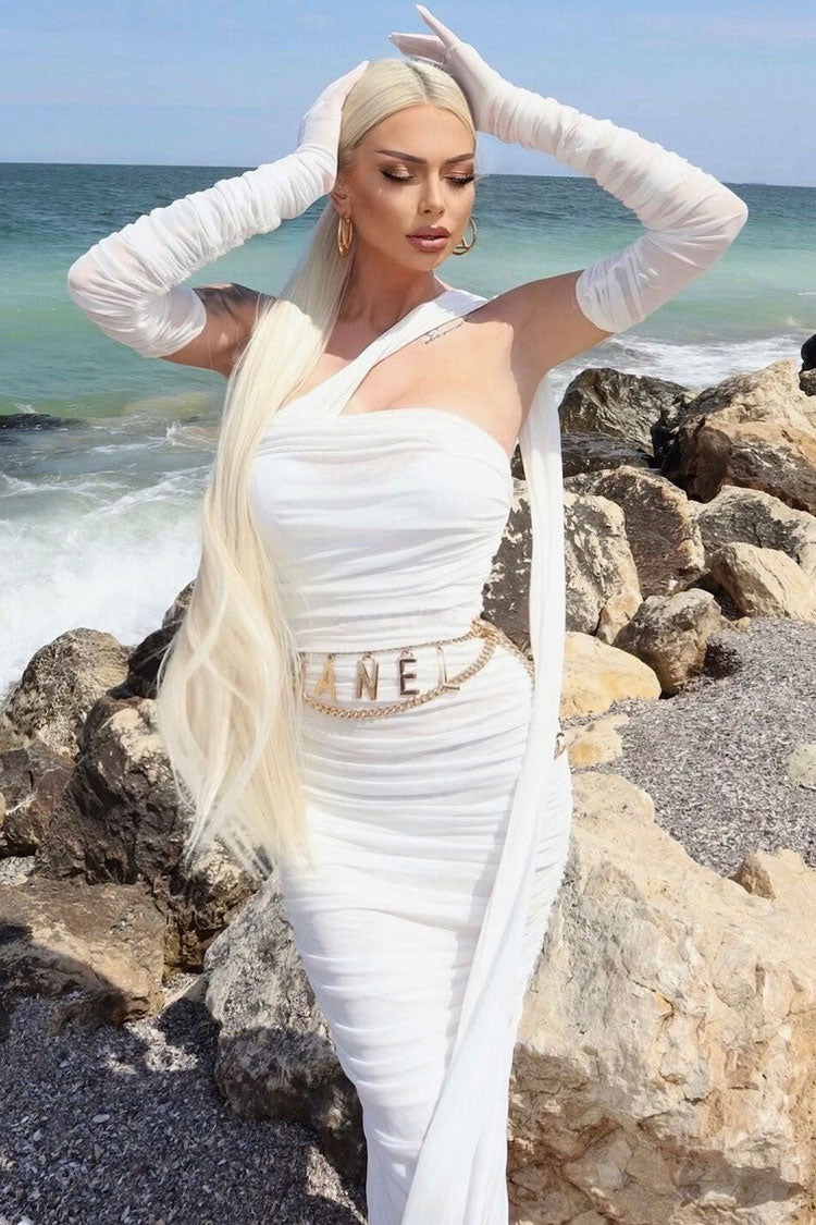 Mesh Strapless Ruched Bodycon Maxi Dress