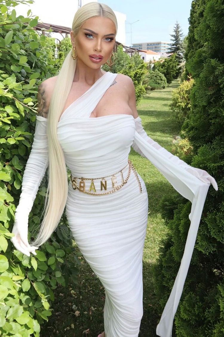 Mesh Strapless Ruched Bodycon Maxi Dress