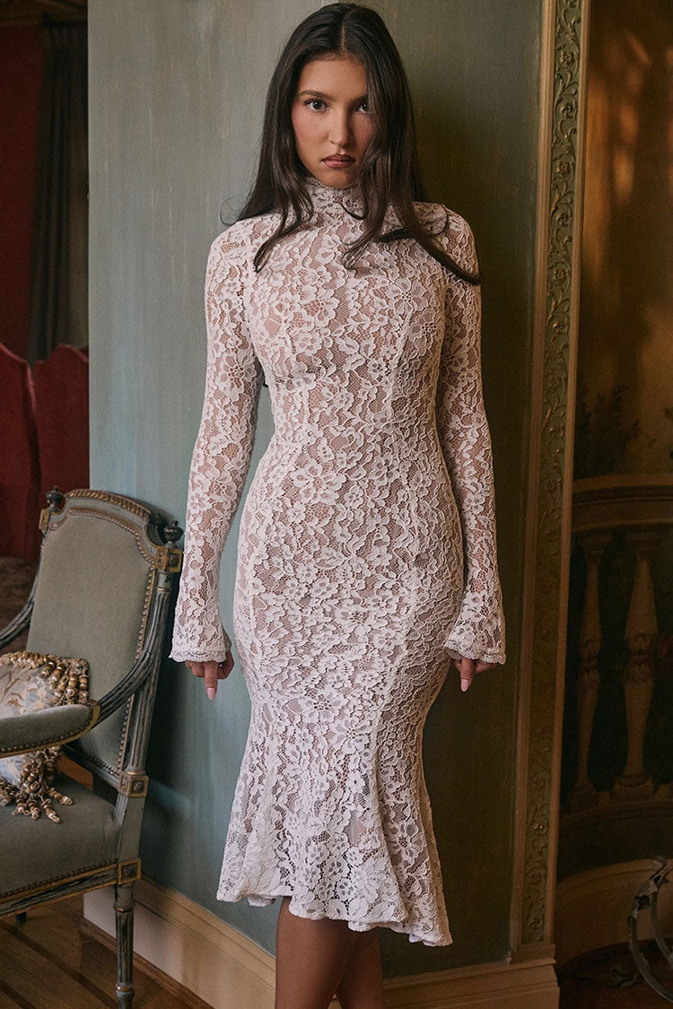 Elegant High Neck Long Sleeve Lace Fishtail Cocktail Party Midi Dress