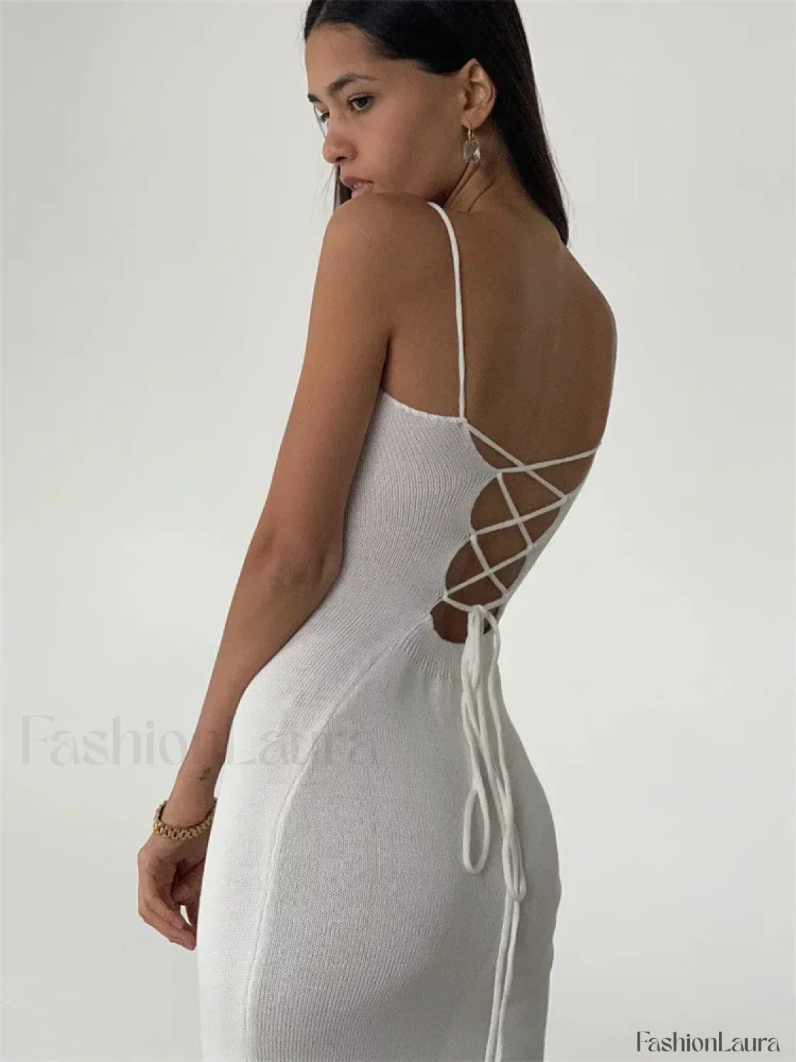 Elegant Knitted Long White Backless Bodycon Lace-Up Slit Maxi Dress