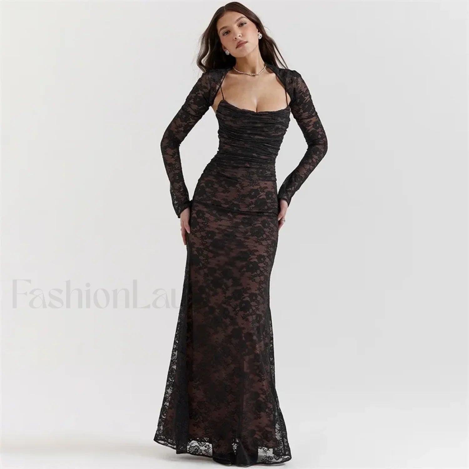 Elegant Lace 2 Pieces Set Sexy Evening 2024 New Full Sleeves Outfit Formal Tie Back Long Robe Vestido Prom Dress