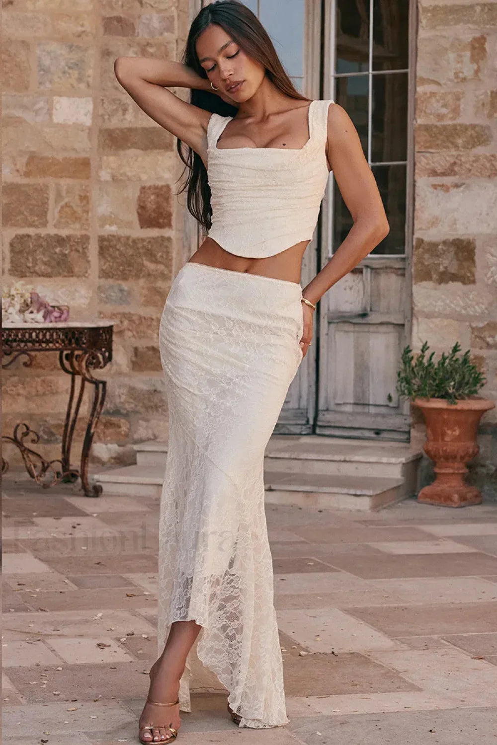Elegant Lace-Up Crop Top & Maxi Skirt Boho Dress