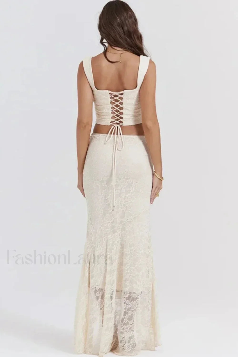 Elegant Lace-Up Crop Top & Maxi Skirt Boho Dress