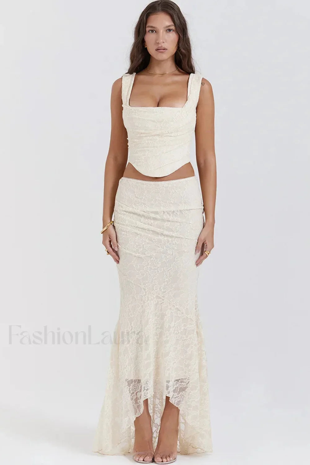 Elegant Lace Up Crop Top & Maxi Skirt Boho Dress White / S
