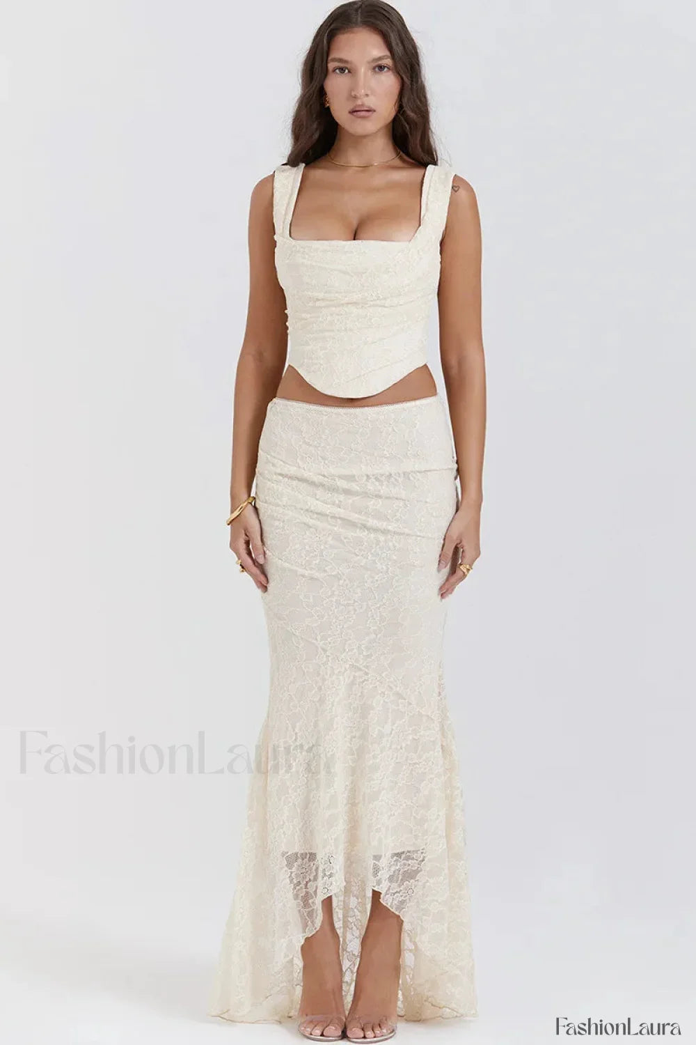 Elegant Lace-Up Crop Top & Maxi Skirt Boho Dress